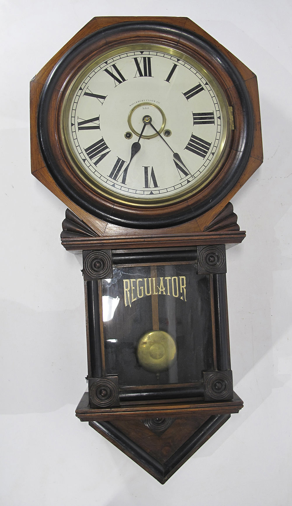 LARGE Antique Waterbury 8 Day Regulator Pendulum Ebonized Wooden Wall
